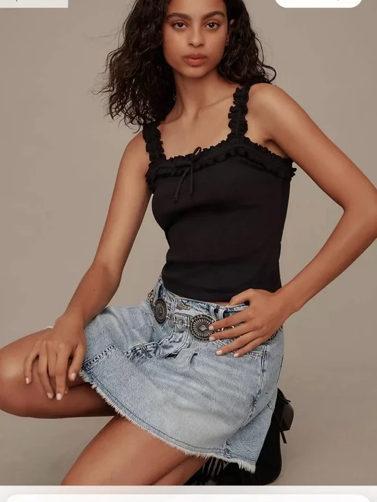 👉 Anthro Maeve Dorrie Ruffle Tank XL Black Ribbed Cami Top Feminine - Picture 2 of 6